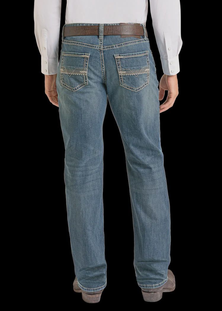 BMTBD07351 MEN&#39;S ROCK &amp; ROLL DOUBLE BARREL STACKABLE BOOTCUT JEAN - DARK VINTAGE WASH