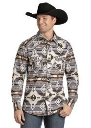 BMN2S07158 MEN&#39;S ROCK &amp; ROLL LONG-SLEEVE AZTEC PRINT PEARL SNAP WESTERN SHIRT