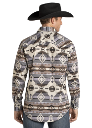 BMN2S07158 MEN'S ROCK &amp; ROLL LONG-SLEEVE AZTEC PRINT PEARL SNAP WESTERN SHIRT