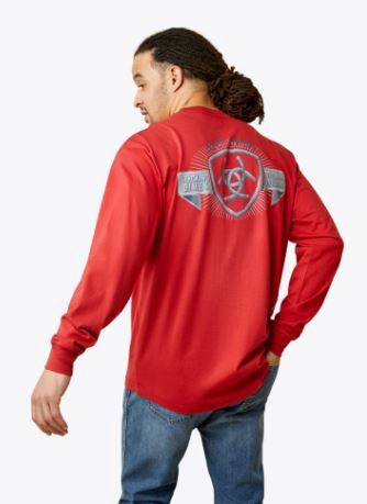 10046347 MEN&#39;S ARIAT REBAR COTTON STRONG &quot;STACKING DIMES&quot; LONG-SLEEVE T-SHIRT - POMPEIAN RED