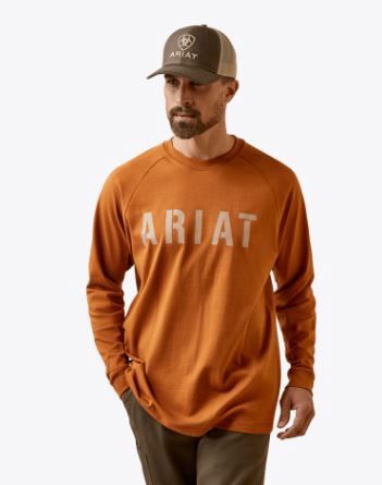 10046644 MEN&#39;S ARIAT REBAR COTTON STRONG BLOCK LONG-SLEEVE T-SHIRT - CARMEL CAFE