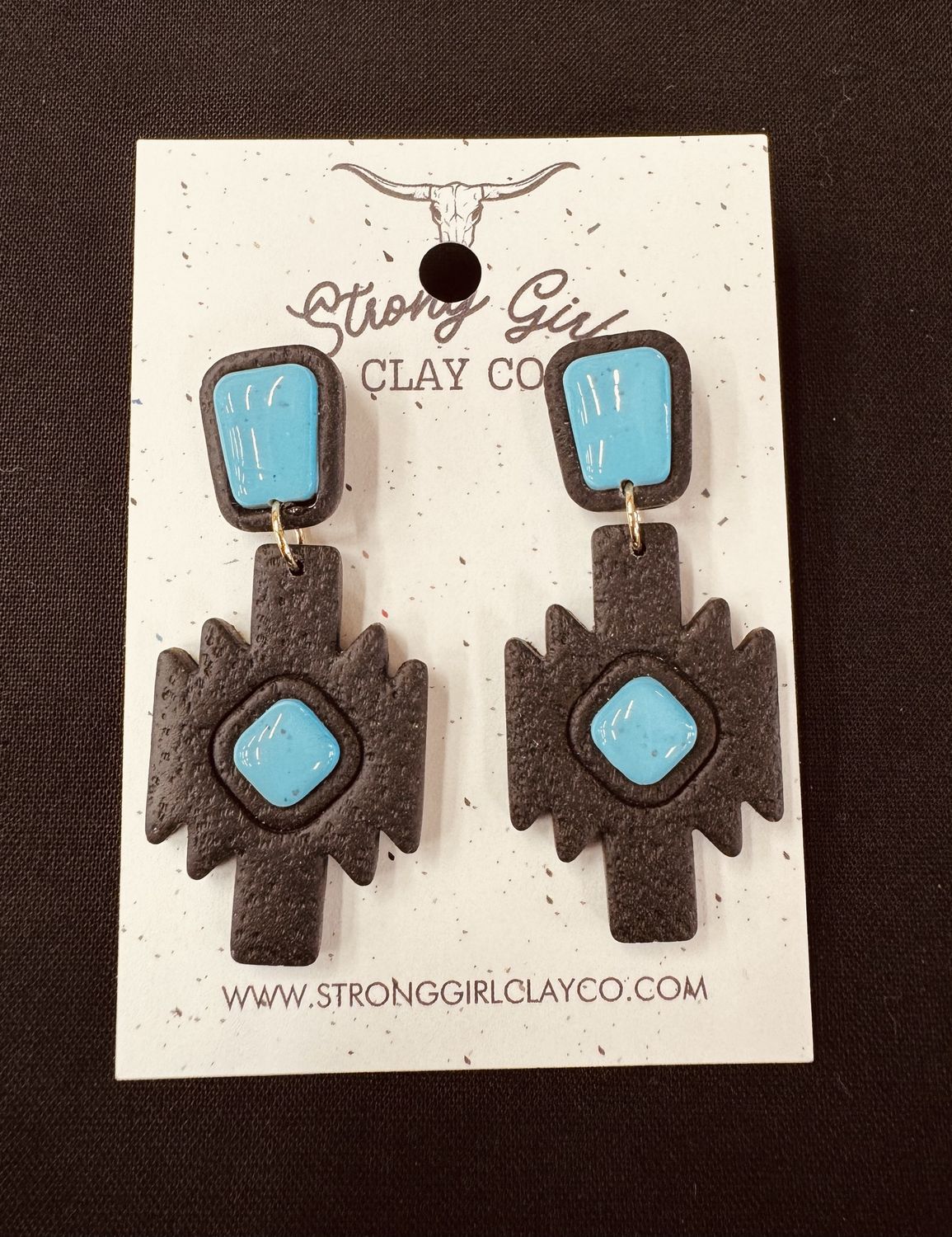 STRONG GIRL CLAY CO. BLACK &amp; TURQUOISE SOUTHWEST DANGLES