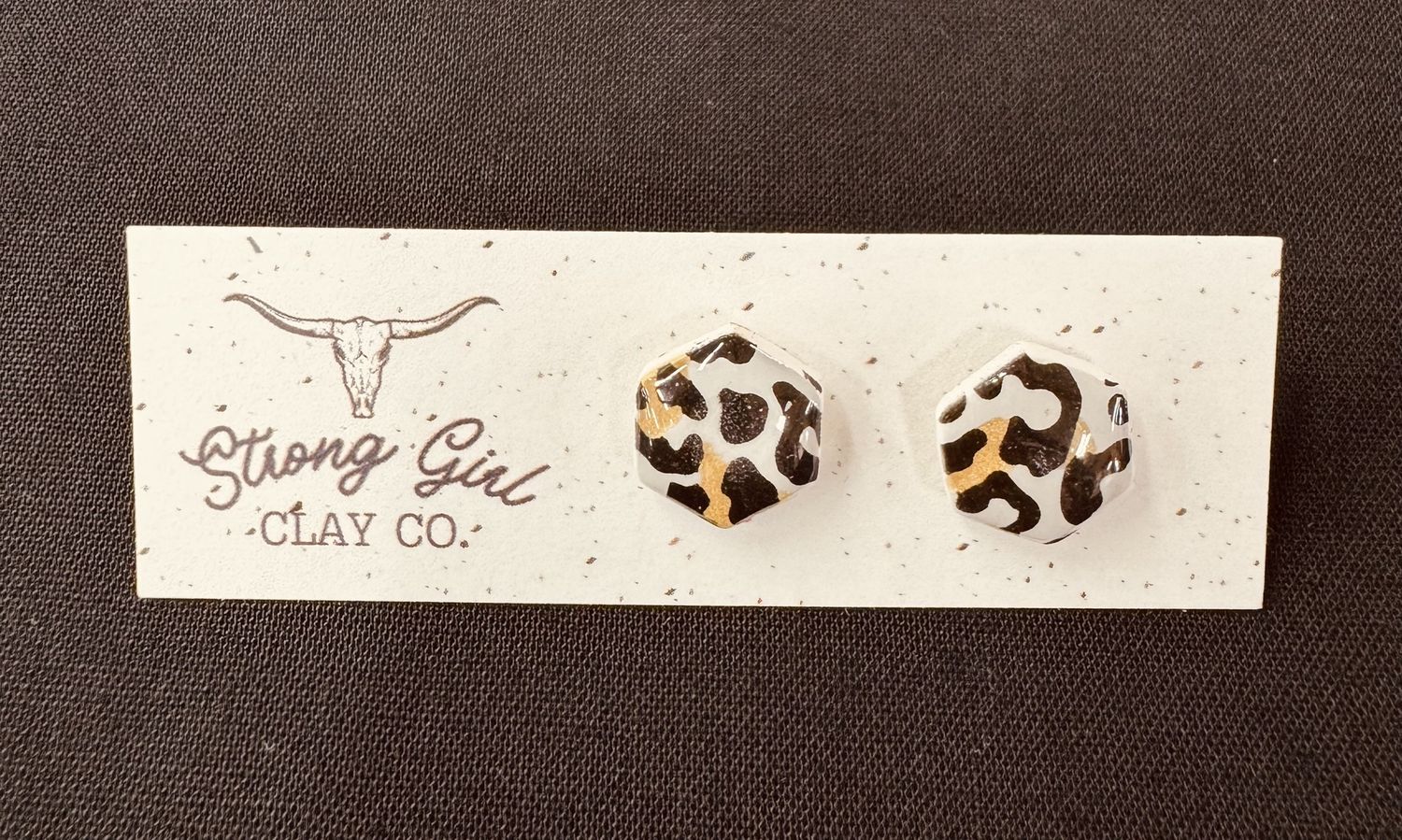 STRONG GIRL CLAY CO. LEOPARD HEXAGON STUDS