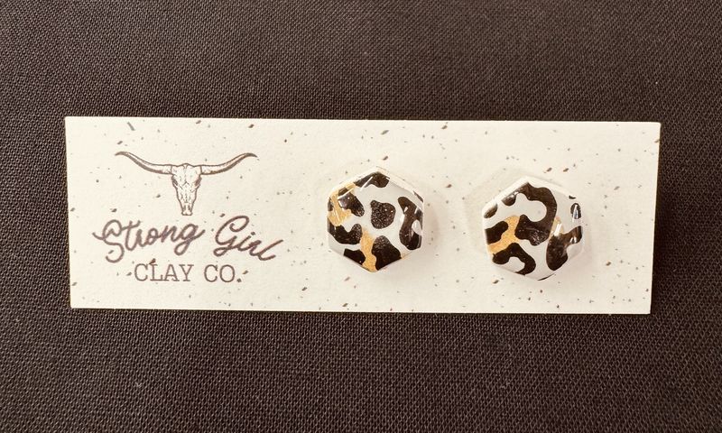 STRONG GIRL CLAY CO. LEOPARD HEXAGON STUDS