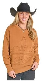 LW32T07937 WOMEN&#39;S ROCK &amp; ROLL BOOT STITCH CREWNECK SWEATER - BRASS