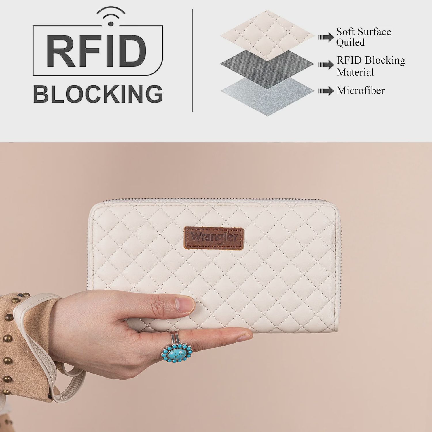WG214-W064 WRANGLER QUILTED DESIGN RFID WALLET / WRISTLET - BEIGE