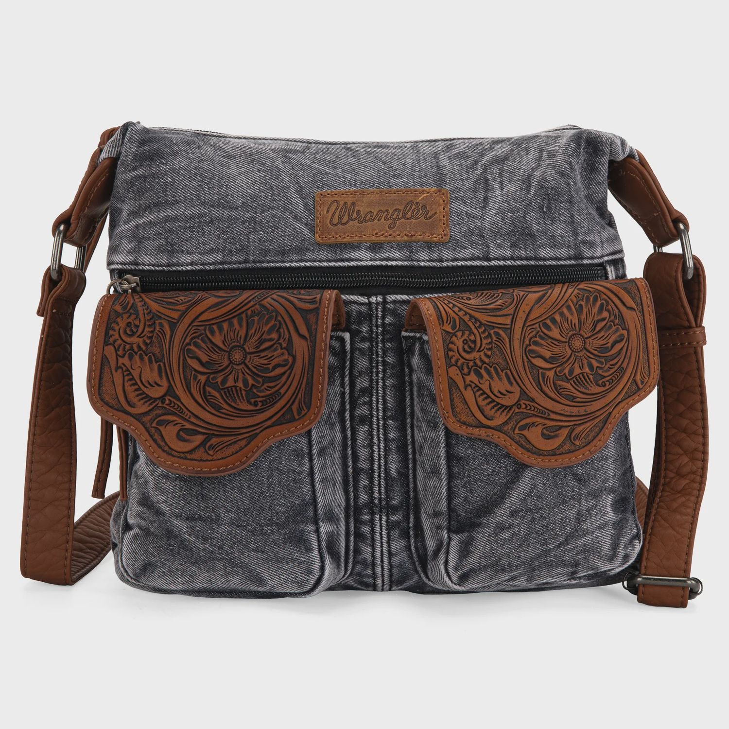 WG103-2009 WRANGLER FLORAL TOOLED DENIM CROSSBODY - BLACK