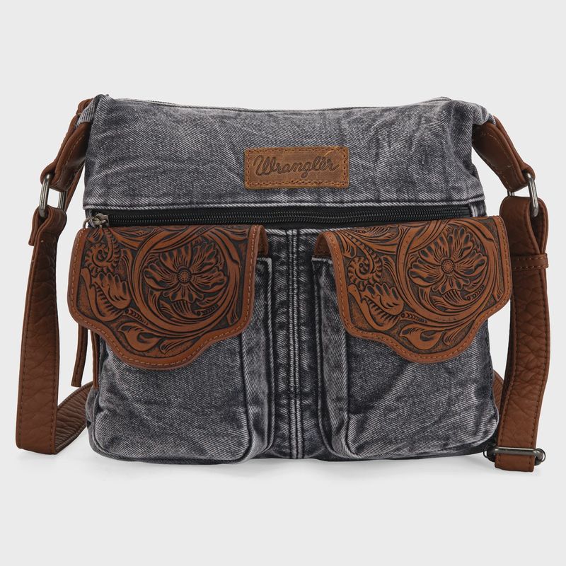 WG103-2009 WRANGLER FLORAL TOOLED DENIM CROSSBODY - BLACK