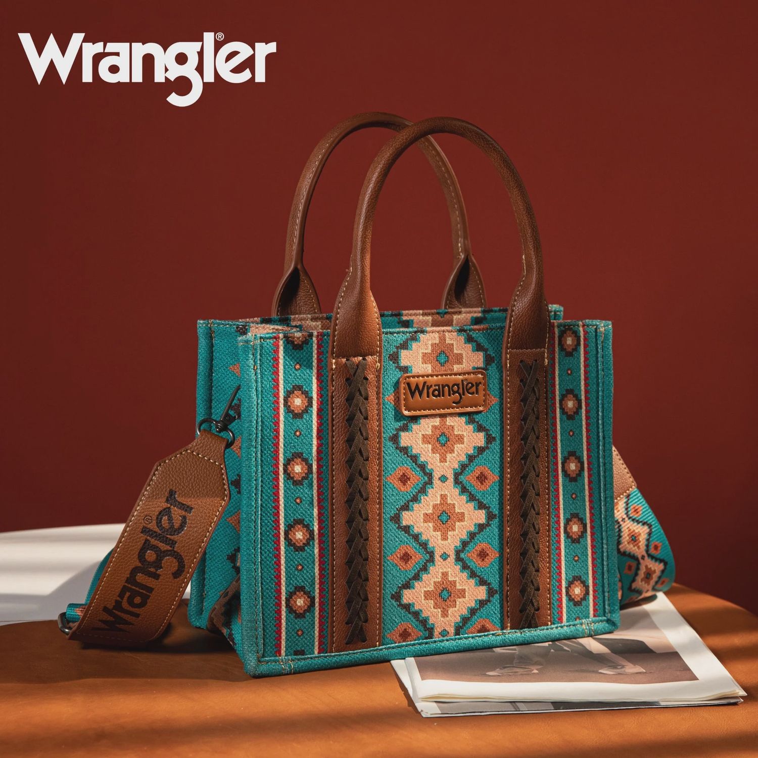 WG2203-1920 WRANGLER SOUTHWESTERN PRINT TOTE - TURQUOISE, Size: SMALL
