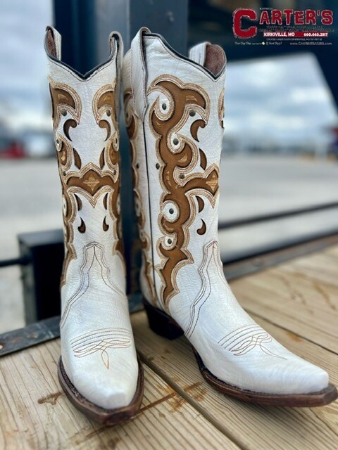 L6015 WOMEN'S CIRCLE G BY CORRAL 12" WHITE WITH HONEY INLAY &amp; EMBROIDERY SNIP TOE WESTERN BOOT