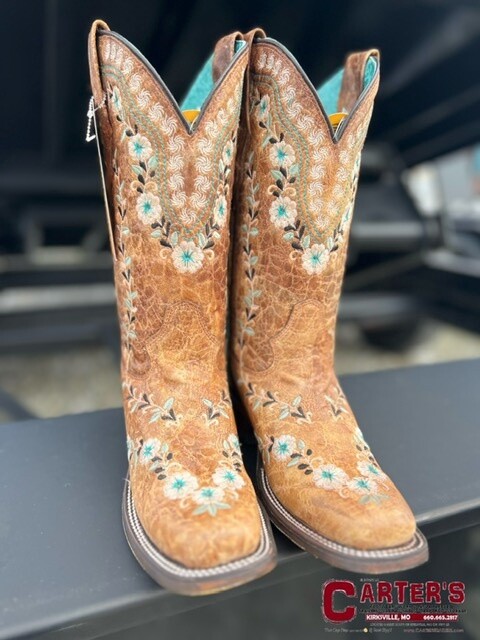 A4398 WOMEN'S CORRAL 11" DISTRESSED COGNAC FLORAL EMBROIDERY SQUARE-TOE GLOW IN THE DARK WESTERN BOOT