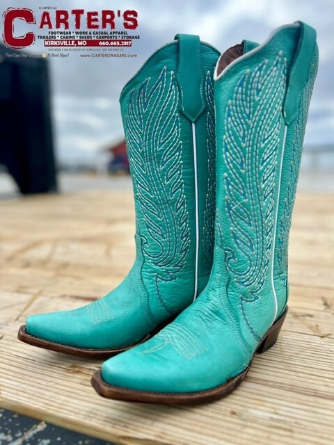 L6061 WOMEN'S CIRCLE G 12" TURQUIOSE EMBROIDERY SNIP-TOE WESTERN BOOT