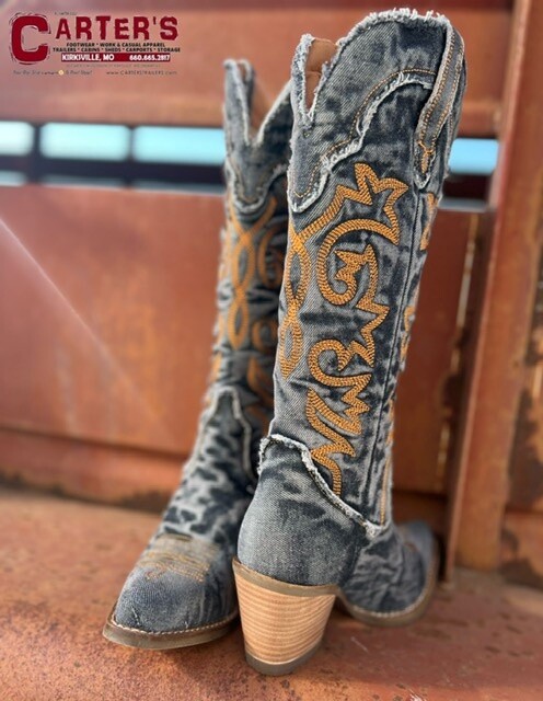DI943 WOMEN'S DINGO 15" TEXAS TORNADO BLACK DENIM FASHION BOOT