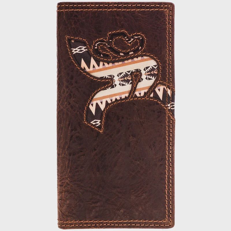 RW011-BRAZ HOOEY "ROUGHY" LASER CUT HANDS UP LEATHER RODEO WALLET WITH AZTEC INLAY