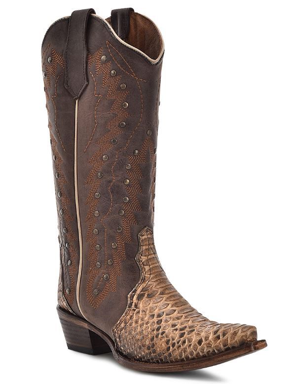 L6045 WOMEN'S CIRCLE G 13" CHOCOLATE PYTHOM EMBROIDERY &amp; STUDS SNIP-TOE WESTERN BOOT