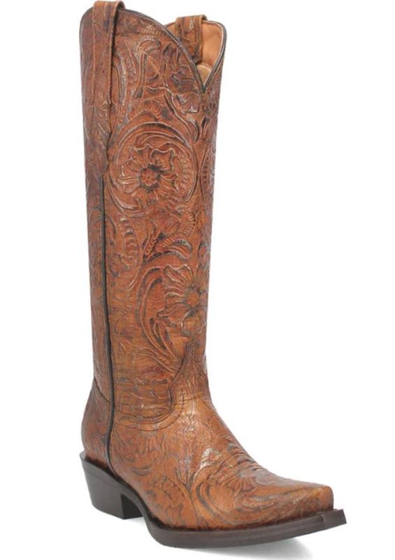 DI 216 WOMEN'S DINGO 15" BELLONA BROWN TOOLED SNIP-TOE WESTERN BOOT