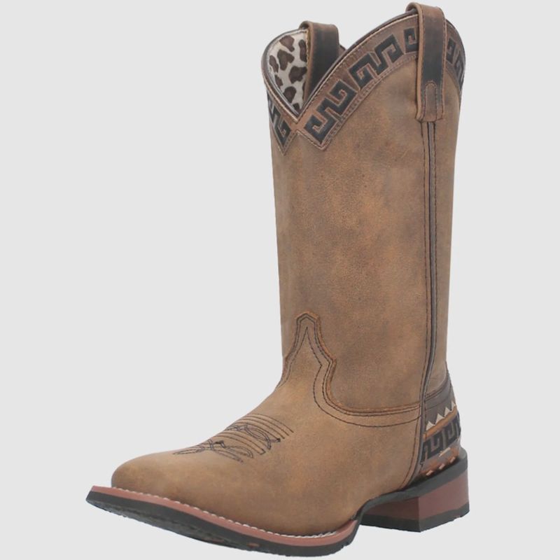 5683 WOMEN'S LAREDO ATZI TAN SQUARE-TOE WESTERN BOOT W/ AZTEC EMBROIDERY ON HEEL &amp; TOP OF SHAFT