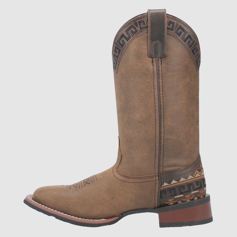 5683 WOMEN'S LAREDO ATZI TAN SQUARE-TOE WESTERN BOOT W/ AZTEC EMBROIDERY ON HEEL &amp; TOP OF SHAFT