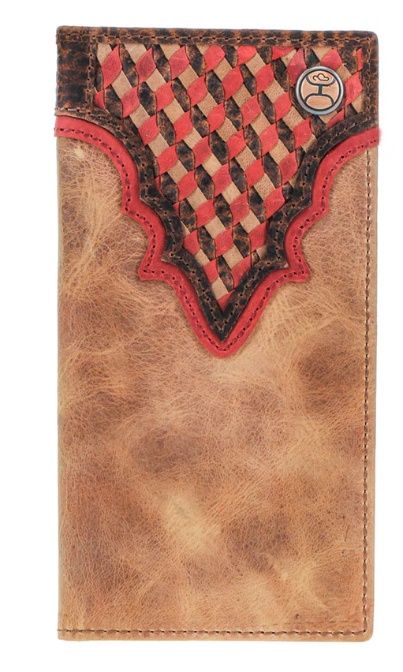 HW037-TNBR HOOEY "WHIP" SMOOTH TAN RODEO WALLET WITH BROWN/RED/TAN AZTEC PRINT &amp; HOOEY LOGO RIVET