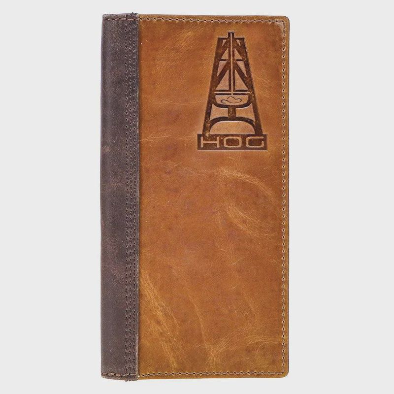 HW004-TNBR HOOEY "HOG" LOGO EMBOSSED RODEO WALLET WITH BROWN LEATHER SPIRE ACCENT OVERLAY