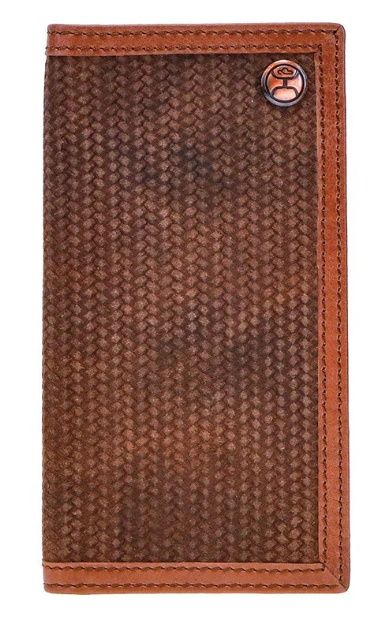 HW002-BR HOOEY CLASSIC ROUGHOUT BASKET WEAVE EMBOSSED ROUGHOUT RODEO WALLET WITH BROWN LEATHER DOUBLE WELT EDGE W/ HOOEY LOGO RIVET