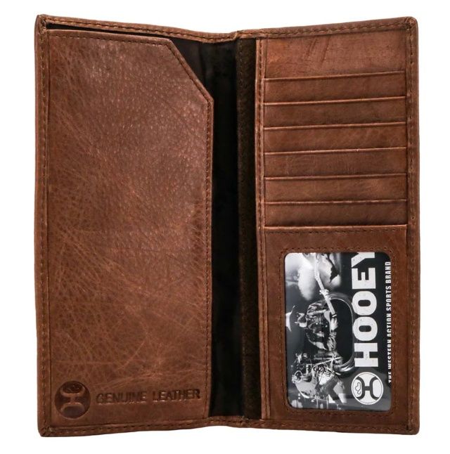 HW002-BR HOOEY CLASSIC ROUGHOUT BASKET WEAVE EMBOSSED ROUGHOUT RODEO WALLET WITH BROWN LEATHER DOUBLE WELT EDGE W/ HOOEY LOGO RIVET