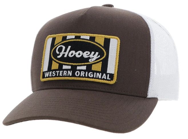 2411T-BRWH HOOEY "SUDEN" BROWN &amp; WHITE 5-PANEL TRUCKER AT W/ YELLOW, BLACK, &amp; WHITE PATCH