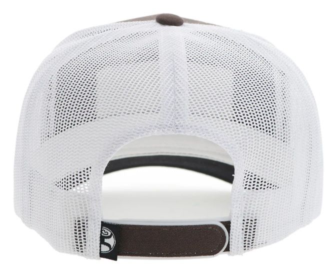 2411T-BRWH HOOEY "SUDEN" BROWN &amp; WHITE 5-PANEL TRUCKER AT W/ YELLOW, BLACK, &amp; WHITE PATCH
