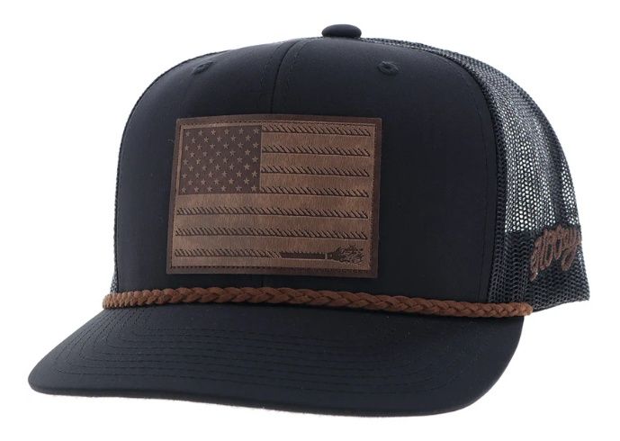 2510T-BK HOOEY "LIBERTY ROPER" BLACK 6-PANEL TRUCKER HAT W/ LEATHER PATCH - OSFA