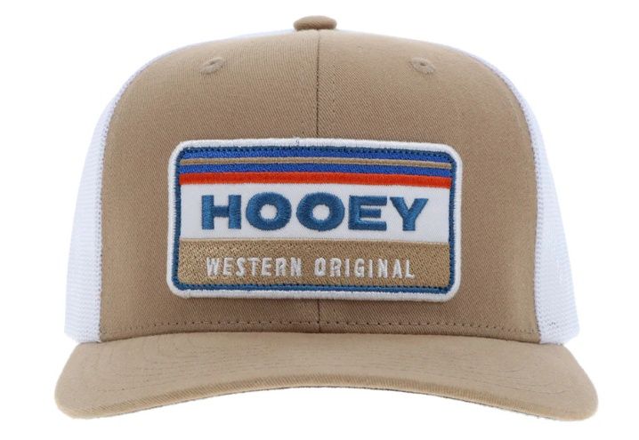2335T-TNWH HOOEY "HORIZON" TAN &amp; WHITE 5-PANEL TRUCKER HAT W/ RED, WHITE, &amp; BLUE PATCH - OSFA