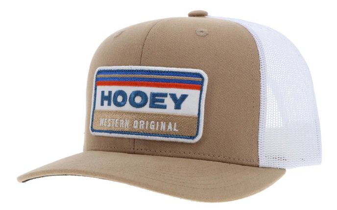 2335T-TNWH HOOEY "HORIZON" TAN &amp; WHITE 5-PANEL TRUCKER HAT W/ RED, WHITE, &amp; BLUE PATCH - OSFA