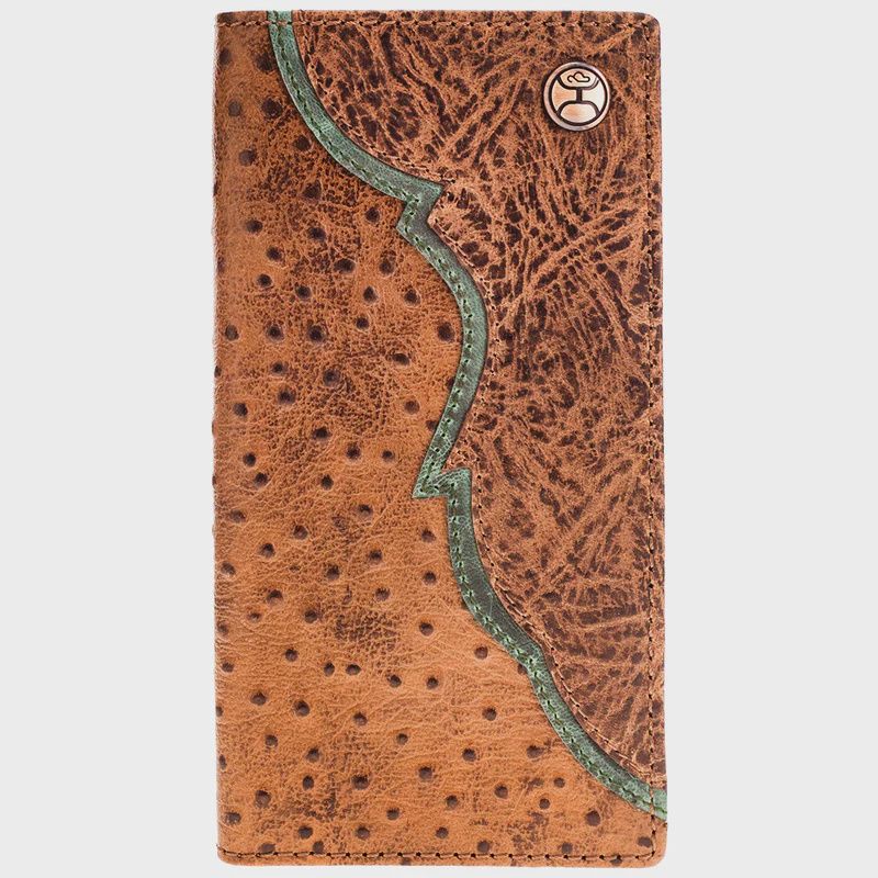HW032-TNBR HOOEY "SAWYER" OSTRICH PRINT LEATHER RODEO WALLET WITH BROWN OVERLAY &amp; TURQUOISE ACCENT
