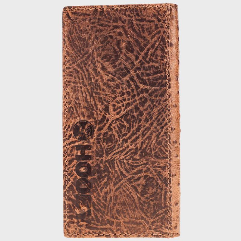 HW032-TNBR HOOEY "SAWYER" OSTRICH PRINT LEATHER RODEO WALLET WITH BROWN OVERLAY &amp; TURQUOISE ACCENT