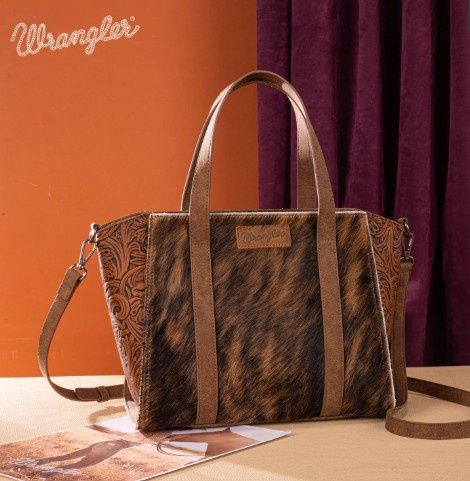 WG252-8012 WRANGLER GENUINE HAIR-ON COWHIDE WIDE TOTE / CROSSBODY - BROWN