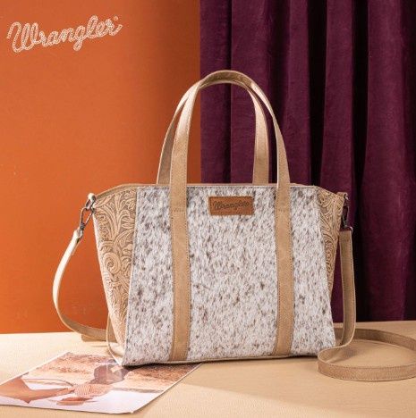 WG252-8012 WRANGLER GENUINE HAIR-ON COWHIDE WIDE TOTE / CROSSBODY - TAN