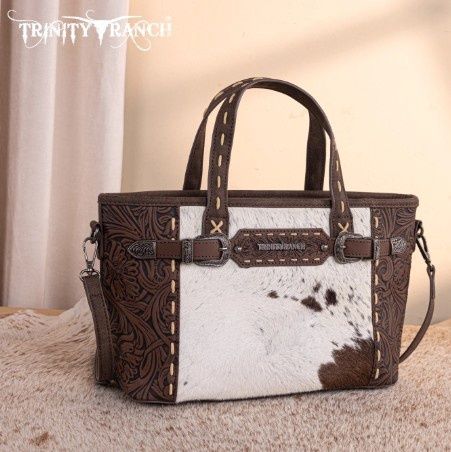 TR199-8122 TRINITY RANCH GENUINE HAIR-ON COWHIDE TOOLED TOTE / CROSSBODY