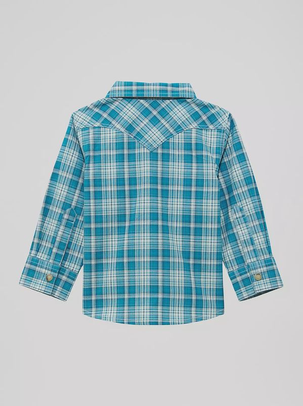 112374294 LITTLE BOY'S WRANGLER LONG-SLEEVE PLAID SNAP WESTERN SHIRT - DEEP SEA
