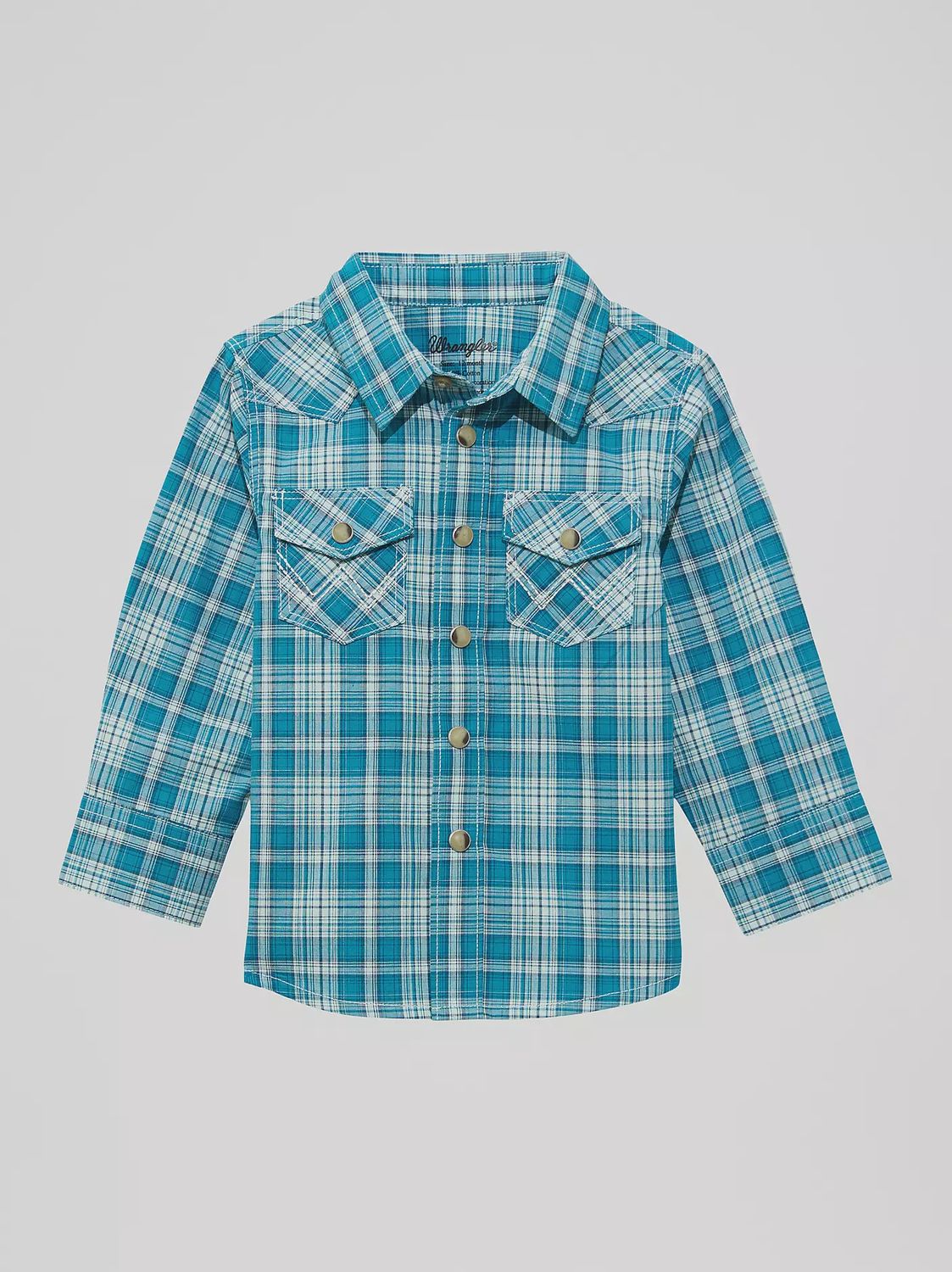 112374294 LITTLE BOY'S WRANGLER LONG-SLEEVE PLAID SNAP WESTERN SHIRT - DEEP SEA