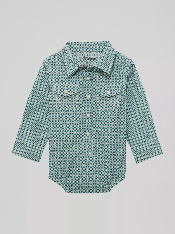 112374301 BABY BOY'S WRANGLER LONG-SLEEVE WESTERN SNAP BODY SUIT - TURQUOISE DIAMOND