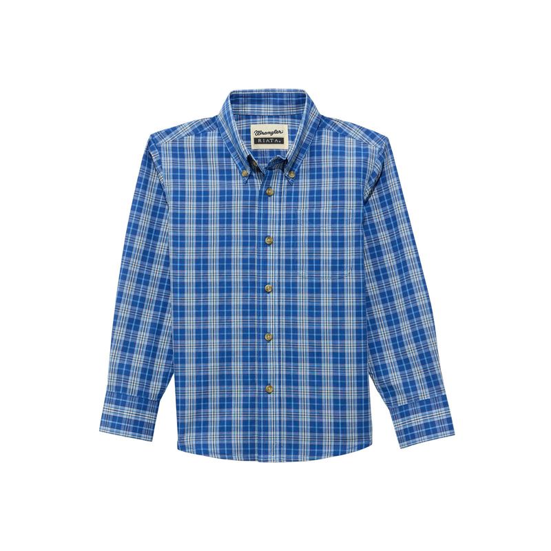 112374904 BOY'S WRANGLER RIATA LONG-SLEEVE BUTTON-DOWN WESTERN SHIRT - BLUE
