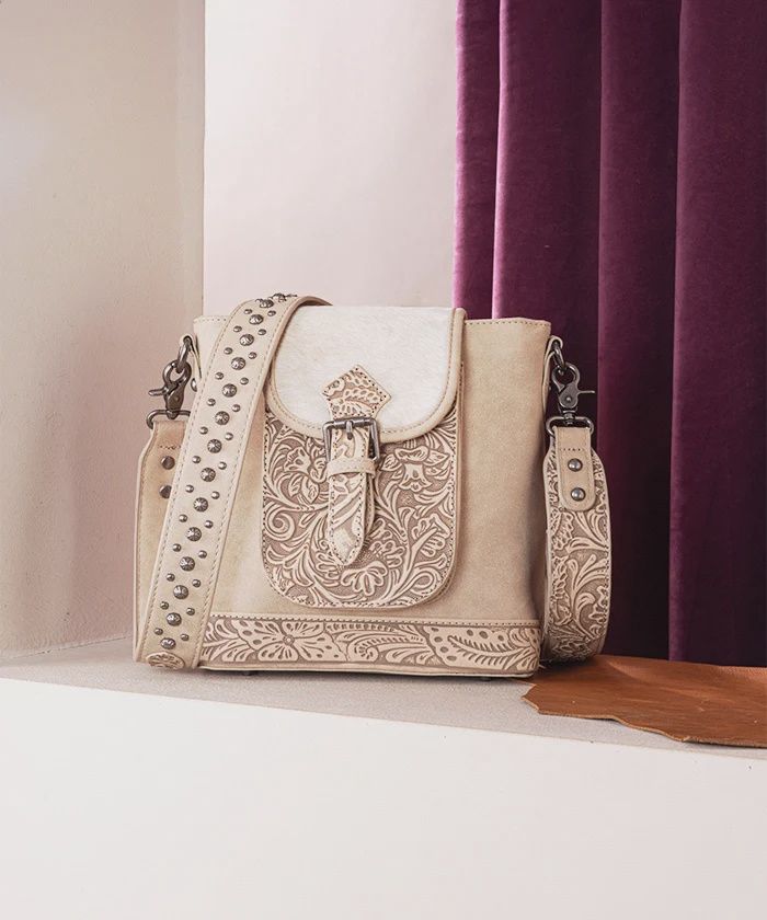 TR185G-9360TN TRINITY RANCH GENUINCE HAIR-ON COWHIDE TOOLED CONCEALED CARRY CROSSBODY BAG