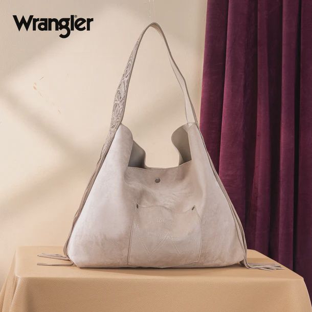 WG239-9182BG WRANGLER FRINGE FLORAL TOOLED HOBO BAG