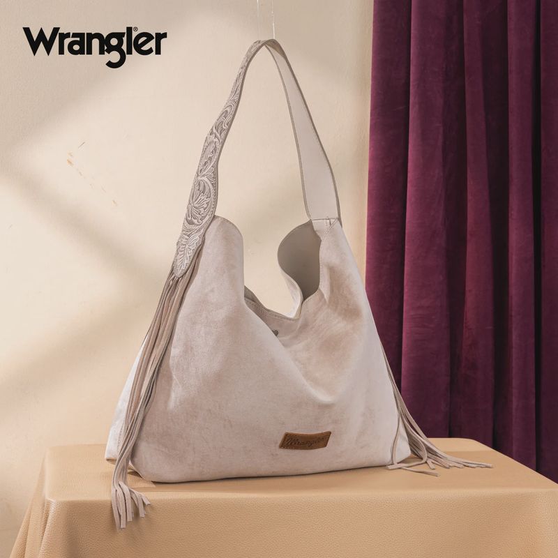 WG239-9182BG WRANGLER FRINGE FLORAL TOOLED HOBO BAG