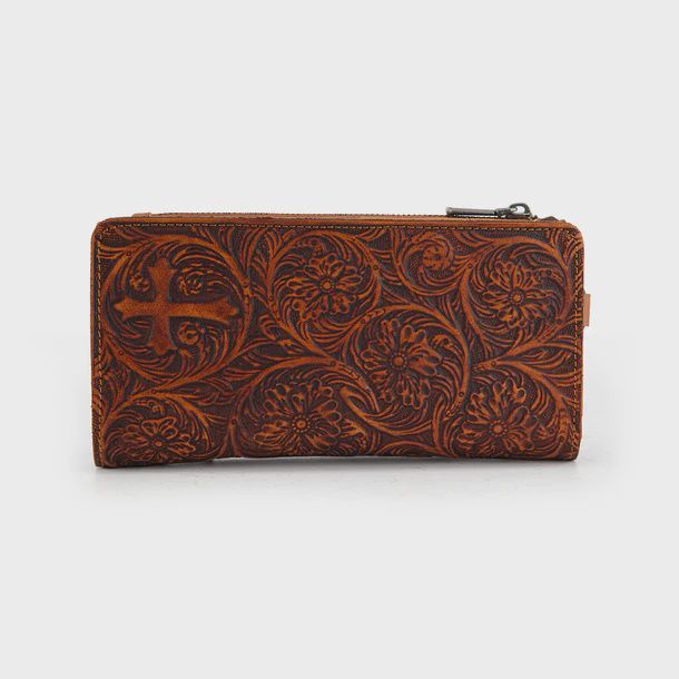 MWL-4206BR MONTANA WEST GENUINCE LEATHER TOOLED BI-FOLD WALET WITHY DETACHABLE ZIPPERED POCKET