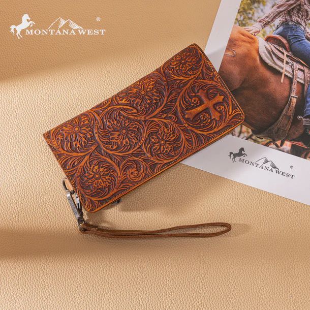 MWL-4206BR MONTANA WEST GENUINCE LEATHER TOOLED BI-FOLD WALET WITHY DETACHABLE ZIPPERED POCKET