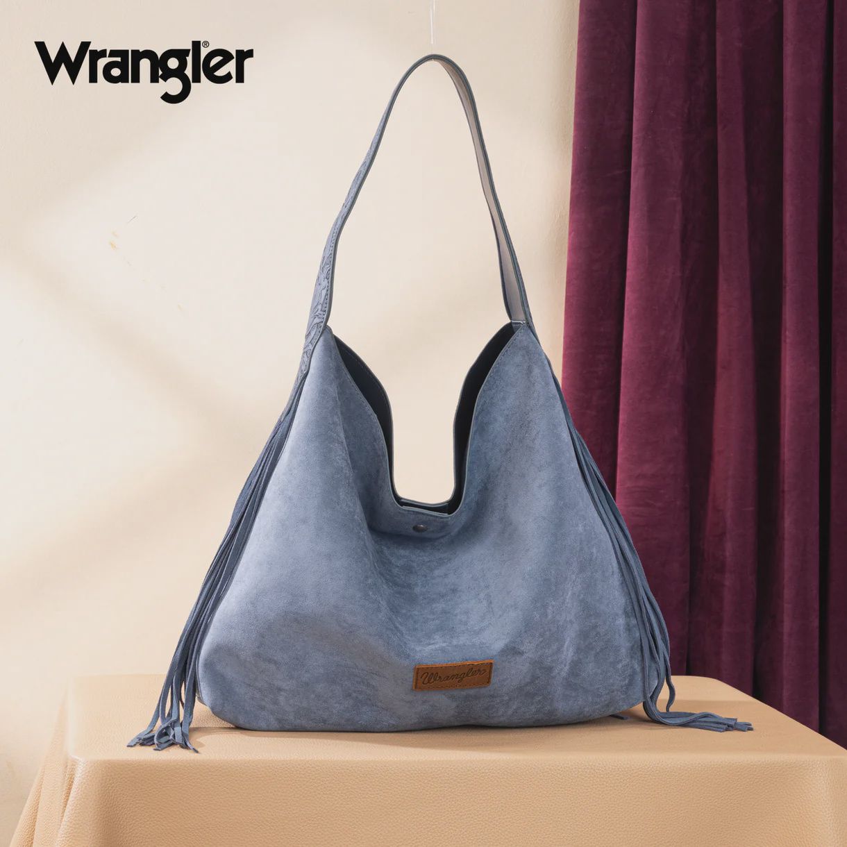 WG239-9182JN WRANGLER FRINGE FLORAL TOOLED HOBO BAG