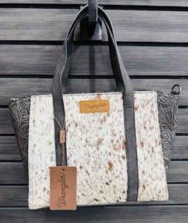 WG252-8012BK WRANGLER GENUINCE HAIR-ON COWHIDE WIDE TOTE / CROSSBODY BAG