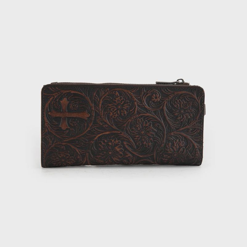 MWL-4206CF MONTANA WEST GENUINCE LEATHER TOOLED BI-FOLD WALET WITHY DETACHABLE ZIPPERED POCKET