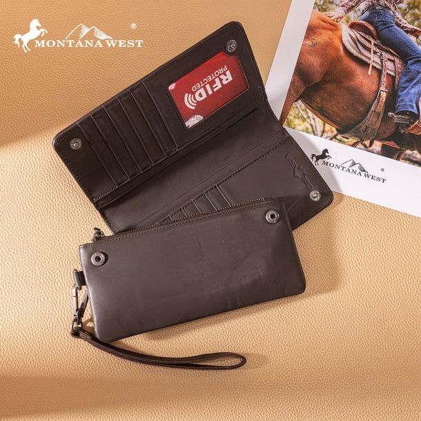 MWL-4206CF MONTANA WEST GENUINCE LEATHER TOOLED BI-FOLD WALET WITHY DETACHABLE ZIPPERED POCKET