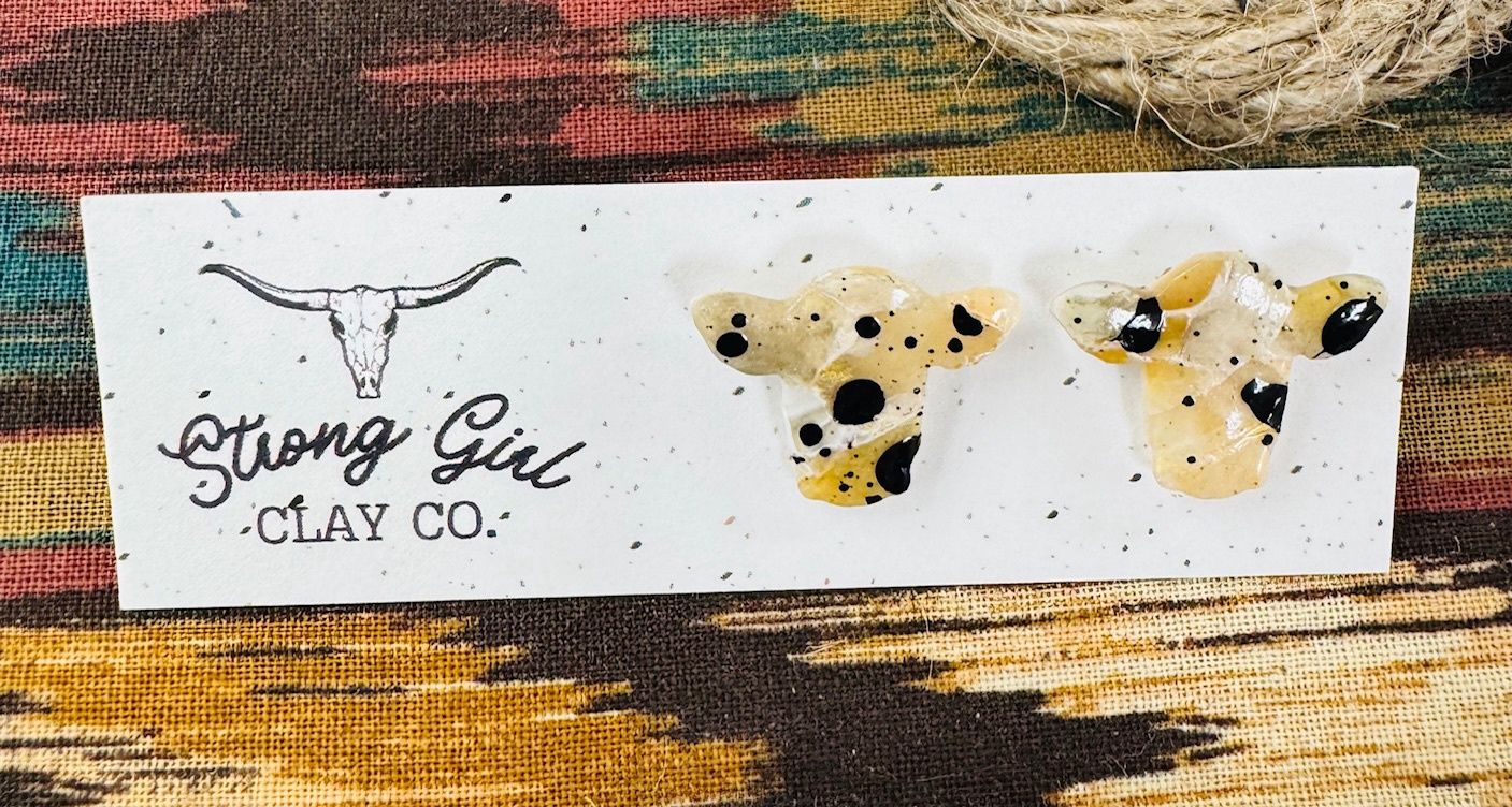 STRONG GIRL CLAY CO. BLACK &amp; TAN PEARL COW HEAD STUDS